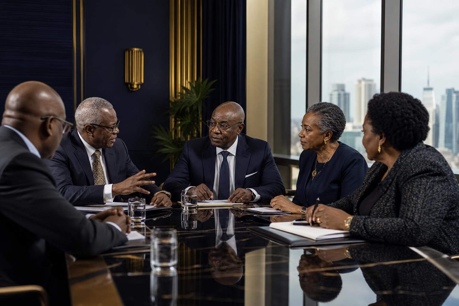 Senior leaders and advisers in discussion around a modern boardroom table